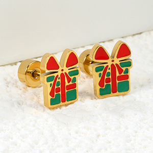 Christmas Gift <b>Box</b> Stud Earrings Zinc Alloy <b>Red</b> Green Cartoon Design For Women Gift Occasion - Product Image 1