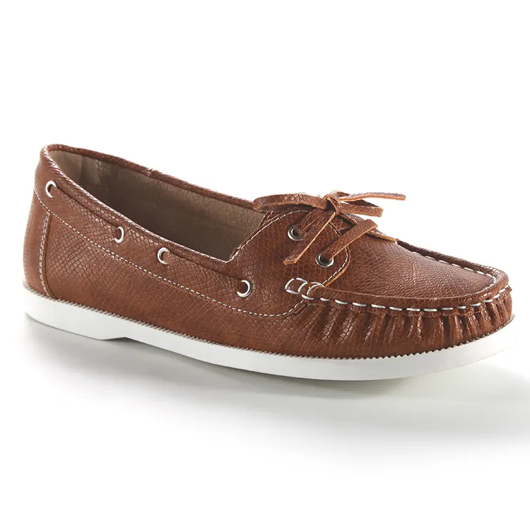 New Design Custom Lace Up Type Decorate Slip On Brown Casual Flat Boat Shoes For Lady