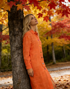 Camisa de punto naranja de manga larga para mujer, camisa informal con cuello y botones de arcoíris de 7 colores, corte regular, secado rápido - Product Image 1