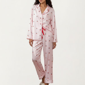 Conjunto de Pijama de Satén con Estampado de Cerezas para <span class=keywords><strong>Mujer</strong></span>, Camisa de Manga Larga con Botones, Pantalones Anchos con Cintura Ajustable, Ropa de Dormir de Lujo - Product Image 1