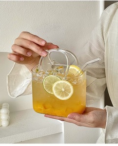 Sáng tạo thủy tinh trong suốt Túi xách cup với nắp và rơm, đá Cà Phê Cốc thủy tinh - Product Image 5