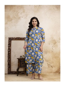 Conjunto de Kurta y Palazzo Azul para Mujer, Cuello Alto, Detalle de Botones Simulados en la Parte Delantera, Ropa Étnica Elegante para Ocasiones Casuales y Festivas - Product Image 2