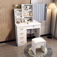 Table de toilette moderne pour chambre à coucher avec miroir éclairé coulissant, étagères de rangement spacieuses et bureau de maquillage minimaliste pour petits appartements