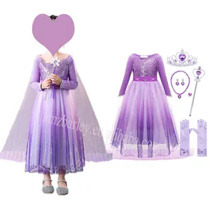Purple Color Long Sleeve Sequin Elsa Costumes Spring Autumn Girl Dresses Halloween Christmas Carnival Princess Dress With Cloak