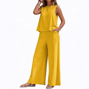 Women's <b>2</b> <b>Piece</b> <b>Set</b> Sleeveless O-Neck Top With Wide Leg Pants Solid <b>White</b> Casual Spring Summer Loose Fit Crepe Fabric - Product Image 5