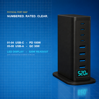 Chargeur GaN 520W multi-ports 8 ports avec écran, 4C PD100W 4A QC30W, PPS PD QC, charge rapide pour ordinateur portable et appareil photo