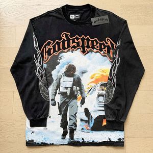 T-shirt unisexe à manches longues en coton, coupe ample, imprimé lettres, style rock rétro délavé, nouvelle collection printemps 25SS - Product Image 1