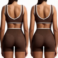 Set Yoga Wanita High Waist Criss Cross Color Block Naked Feel Nylon Spandex Cepat Kering dengan Bra Tanpa Punggung untuk Gym
