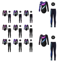 Ensemble justaucorps et leggings de gymnastique pour filles, manches longues, imprimé licorne, strass, rayures métalliques, tenue de danse avec chouchou personnalisé
