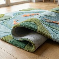 Karpet Area Kolam Ikan Biru Moss, Terbuat dari Wol dengan Motif Ikan Koi Oranye dan Tekstur Rajutan Tangan untuk Ruang Tamu, Kamar Tidur, Kamar Bayi, dan Anak-Anak