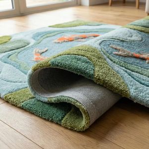 Moss Blue <b>Fish</b> <b>Pond</b> Area Carpet Crafted from Wool with Orange Koi and Textured Hand Tufting for Living Room Bedroom Nursery Kids - Product Image 6