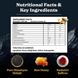 Bâtonnets de Shilajit Pur de l'Himalaya avec des composants organiques Miel, Safran (30). Sgl. Utiliser. Boosts E & Imm. 85+ min., 75%+ d'acide fulvique. - Product Image 6