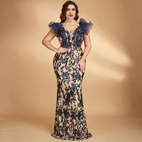 Robe de soirée sirène grande taille en organza à volants, col en V profond, avec sequins floraux noirs et maille nude, pour soirée formelle