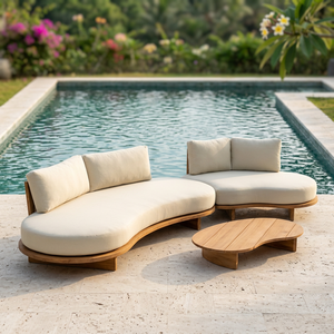 Outdoor Teak Wood Curved <b>Sofa</b> <b>Set</b> with Coffee Table Patio Poolside Garden Hotel Villa Resort Furniture Manufacturer Indonesia - Product Image 1