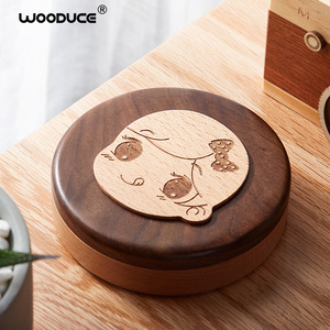 Wooduce Baby Tooth <b>Keepsake</b> <b>Box</b> Walnut Wood Round Cartoon Character Handmade Gift For Infants And Toddlers - Product Image 1