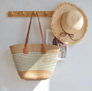 Sac cabas en paille avec poignée zippée amovible, rayé beige et bleu marine, doux, léger, forme carrée, décontracté, idéal pour l'été, la plage et l'usage quotidien - Product Image 2