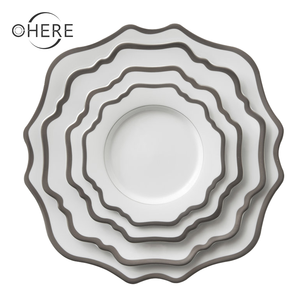 Глянцевые обеденные тарелки с белым нижним золотым краем Sunflower, керамическая посуда, современные зубчатые керамические тарелки из костяного фарфора