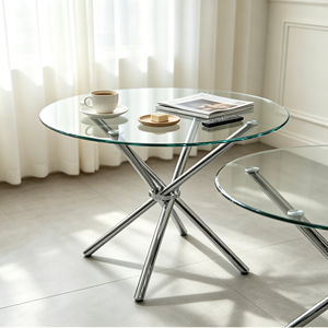 Table basse ronde moderne en verre avec structure en métal, meubles de salon, facile à nettoyer - Product Image 4