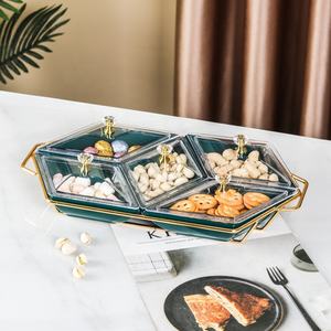 Plato de Frutas de Cerámica Verde Oscuro con Soporte de Hierro Forjado, Bandeja de Aperitivos con Rejilla Prismática, Esmalte de Color para Frutos Secos, Pasteles y Aperitivos - Product Image 5