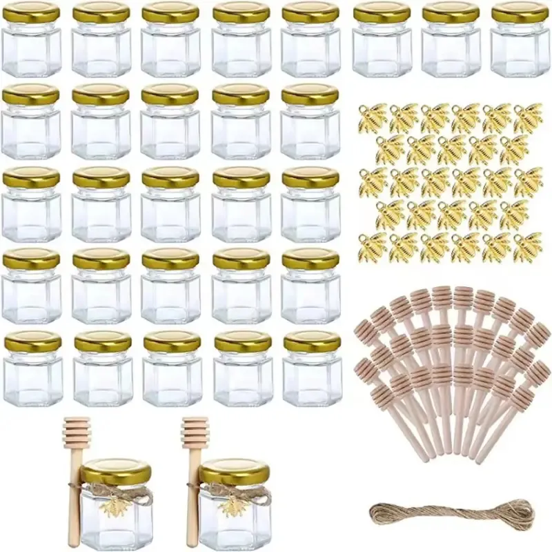 Hochwertiges einzigartiges 45-ml-Honey-Glas für Partyfavoriten Mini-Sechseck-Glas-Honey-Glas mit Holzlöffel