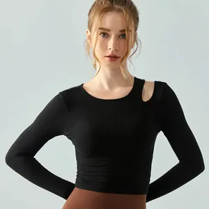 Frauen Kostüm gerippt Slim Fit Yoga Top lang ärmelig mit Brust polstern abnehmen Running Jumping Fitness Top