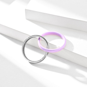 Double Circle <b>Titanium</b> Steel <b>Ring</b> Blue Silver Two Tone Wedding Band Unisex Gift Jewelry - Product Image 2
