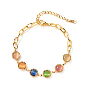 18k Gold Plated Stainless Steel Fashion Jewelry Waterproof Round Cateye Beads Bracelets for Women