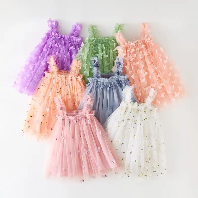 Robes douces pour filles mode papillon, fleur broderie maille licou robe de bal bébé fille robe vêtements fête princesse robe