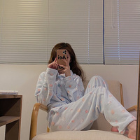Femmes automne hiver décontracté à pois à manches longues costume ample Style coréen flanelle pyjamas dessin animé épaissi Cardigan maison