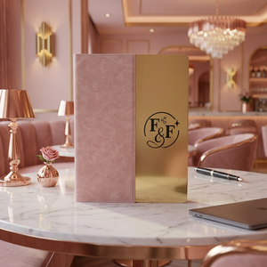 แฟ้มเมนูหนังสีชมพูสำหรับร้านอาหารบาร์พร้อมโลโก้ป้ายทอง - Product Image 1