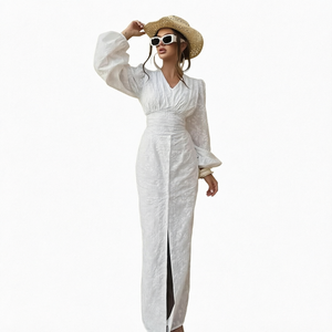 White Boho Maxi <b>Dress</b> V-Neck Lantern Sleeve Solid Color Ruched Waist Slit Loose Fit Breathable <b>Linen</b> Cotton <b>Summer</b> Casual <b>Dress</b> - Product Image 1
