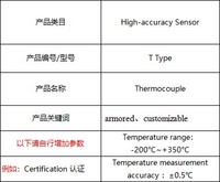 Sonde de thermocouple blindée de type T, capteur haute précision, personnalisable pour la mesure industrielle