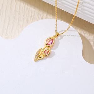 Collier pendentif en forme de tulipe en acier inoxydable plaqué or 18 carats pour femmes Jeutelis, incrustation de zircon, chaîne à maillons, cadeau tendance pour la vente en gros - Product Image 2