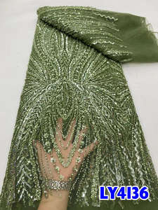 NI.AI Nouvelle conception de dentelle en filet perlée et à paillettes, robe de mariée bleue, tissu en dentelle perlée pour robe de soirée pour femmes - Product Image 4