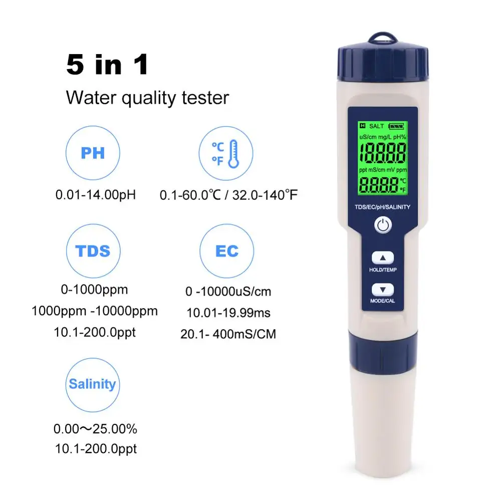 Le plus récent testeur de qualité de l'eau 5 en 1 TDS/EC/PH/salinité/TEMP avec électrode remplaçable peut mesurer la salinité non marine