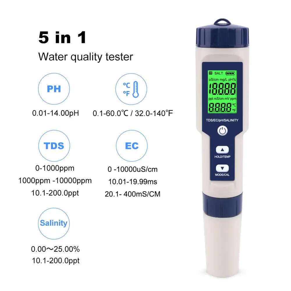 חדש 5 ב 1 TDS/EC/PH/מליחות/טמפ מים באיכות בודק עם אלקטרודה להחלפה יכול נמדד ללא ים מליחות