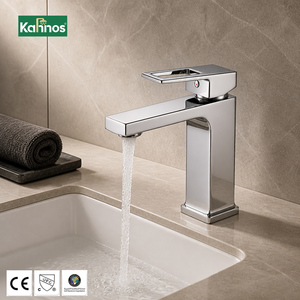 Robinet de lavabo carré en chrome poli, monocommande, monotrou, à poser sur le plan, avec bec rectangulaire - Product Image 1