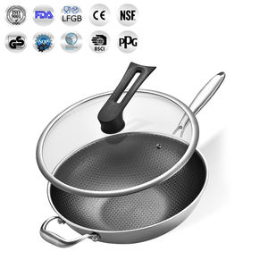 Wok antiadherente de acero inoxidable, WOK de panal de estilo chino con tapa de vidrio para cocina de inducción de Gas - Product Image 2