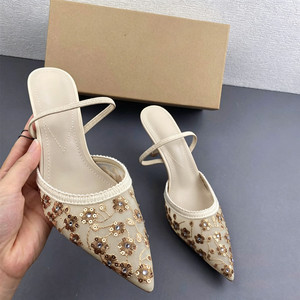 Mules à talons chic et scintillantes avec broderie florale, bout pointu, dos nu, pour femme, respirantes, à brides en maille, escarpins de soirée formels - Product Image 3