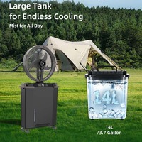 Ventilateur pulvérisateur d'eau puissant pour extérieur, rechargeable, 14 pouces, batterie lithium 11.1V3600mAh avec réservoir d'eau de 14L, télécommande