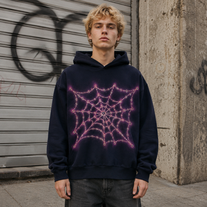 Felpa con Cappuccio Oversize Gotica da Uomo con Grafica Ragnatela e Strass Scuri, Stile Punk Urbano, Abbigliamento Skate, Personalizzabile OEM in Cotone - Product Image 1