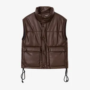 OEM Service Men Concealed Zip Dark Brown PU Leather Big Patch Pockets Padded Turtle Neck Sleeveless Puffer Vest