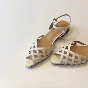French Retro Woven Hollow Square <b>Toe</b> Ankle Strap Open <b>Toe</b> Sandals Women Low Heel Roman Casual Shoes - Product Image 5