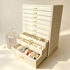 Large <b>Leather</b> <b>Jewelry</b> Cabinet, Multi Compartment Storage Organizer for Rings Watches Necklaces Earring Display <b>box</b> - Product Image 5