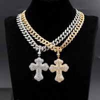 Ensemble Collier Pendentif Croix Hip Hop Iced Out en Alliage avec Micro-Pavé de Zircon et Chaîne Maille Cubaine, Bijoux Religieux pour Hommes, Vente en Gros