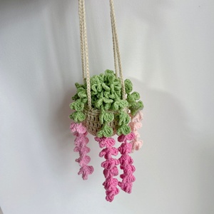 Cesto Sospeso Fatto <span class=keywords><strong>a</strong></span> Mano all'Uncinetto Beige con Foglie Verdi, Fiori Pendenti, Vite <span class=keywords><strong>di</strong></span> Fragole, Lillà, Viola, Rosa e Decorazioni Floreali - Product Image 5