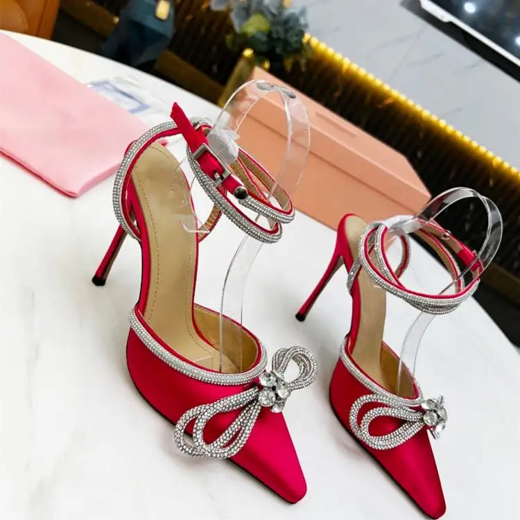 Crystal Bow Fairy Pointed Dress Party Ankle Strap Women Rhinestone Pumps Casual Walking High Heel Shoes Chunky Women Sandals