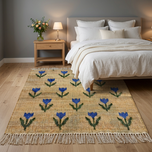 Tapis artisanal en jute à motif floral, rectangulaire, à poils ras, écologique, style ferme, pour la décoration du salon - Product Image 5