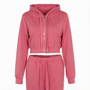 Ensemble jogging rose pour femme avec sweat à capuche et fermeture éclair, deux pièces, tenue décontractée, survêtement en Spandex/Polyester respirant et écologique pour l'automne - Product Image 1