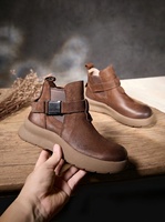 Sepatu Chelsea Wanita Kulit Asli Coklat Vintage dari Pabrik Sepatu Cina, Sol Tebal Anti Selip